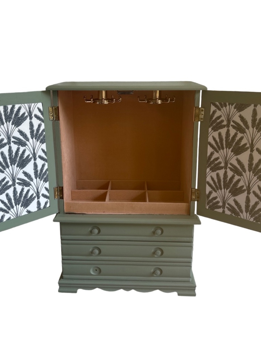 Sage Green Mini Armoire Jewelry Box with Black Botanical Inlay - Picture 3 of 4